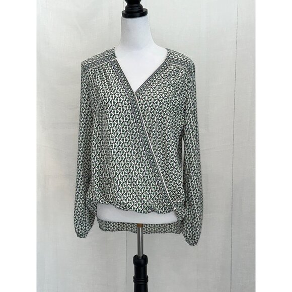 Max Studio Women's Geometric Print Wrap Blouse V-Neck Long Sleeve Medium Green & - Picture 1 of 6